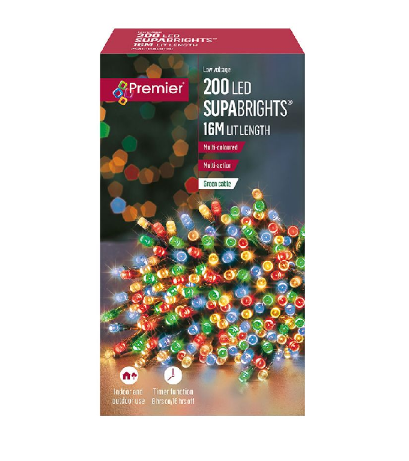 Christmas Premier LED Superbrights Multi-Coloured (200 Lights) Green Cable