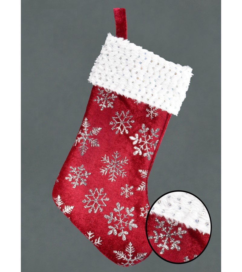 Christmas Snowflake Velvet Stocking - Red/Silver