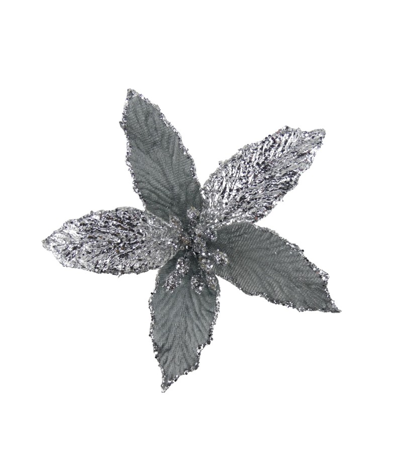 Christmas Mini Velvet Poinsettia 13cm Silver