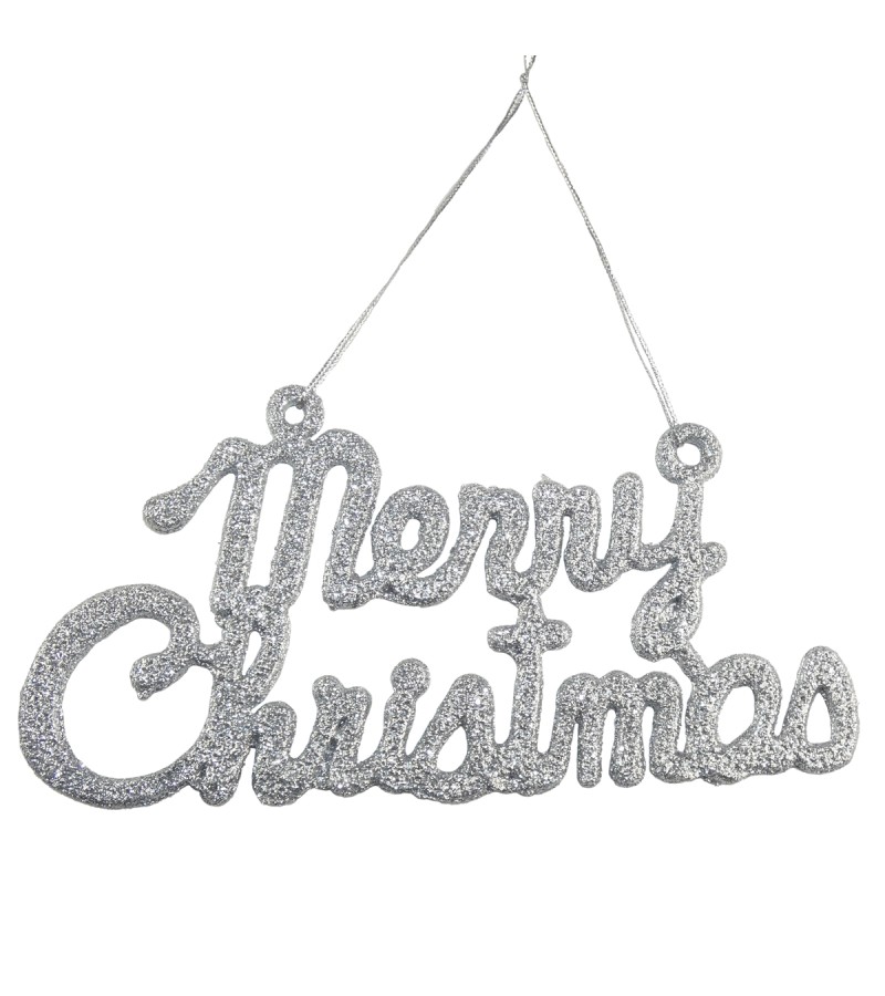 Merry Christmas Glitter Hanging Decoration 19cm - Silver