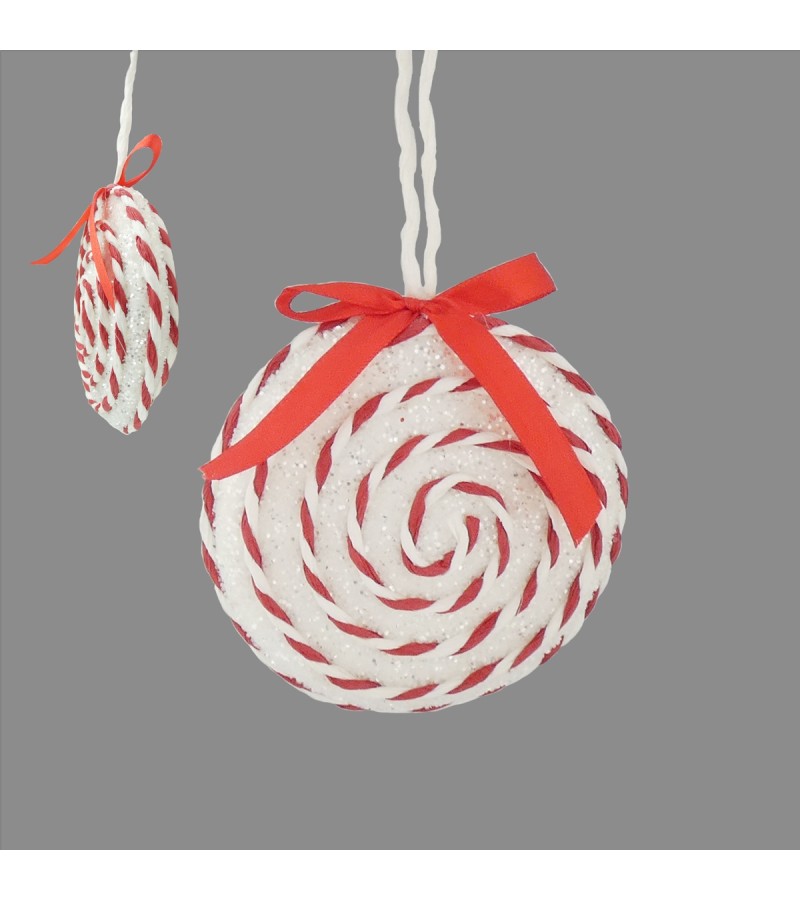 Christmas Candy Cane Disc Bauble 10cm - White/Red