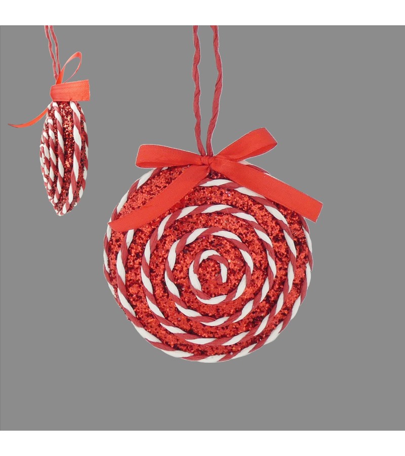 Christmas Candy Cane Disc Bauble 10cm - Red/White
