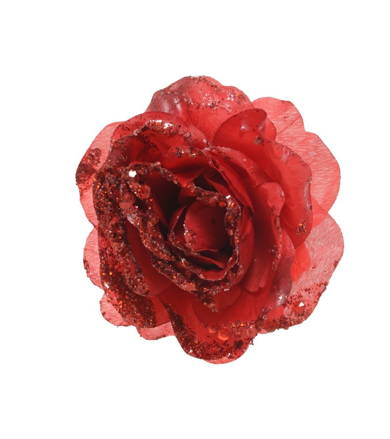 Christmas Glitter Clip Rose 14cm Red