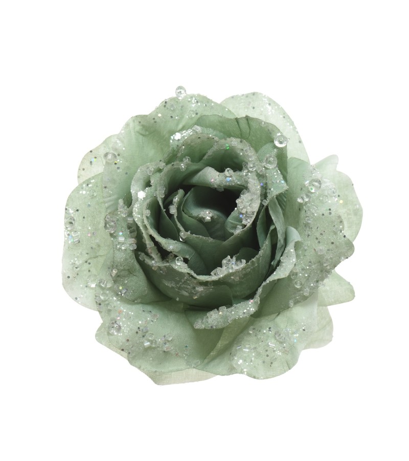 Christmas Glitter Clip Rose 14cm Sage Green