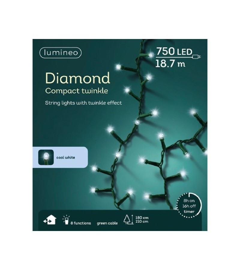 Christmas Diamond Compact Twinkle Lights (750 LED) Cool White - Green Cable