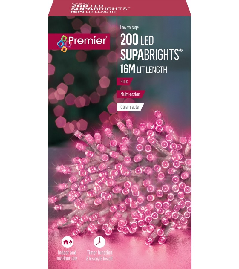 Christmas LED Supabrights 16m Pink - Clear Cable